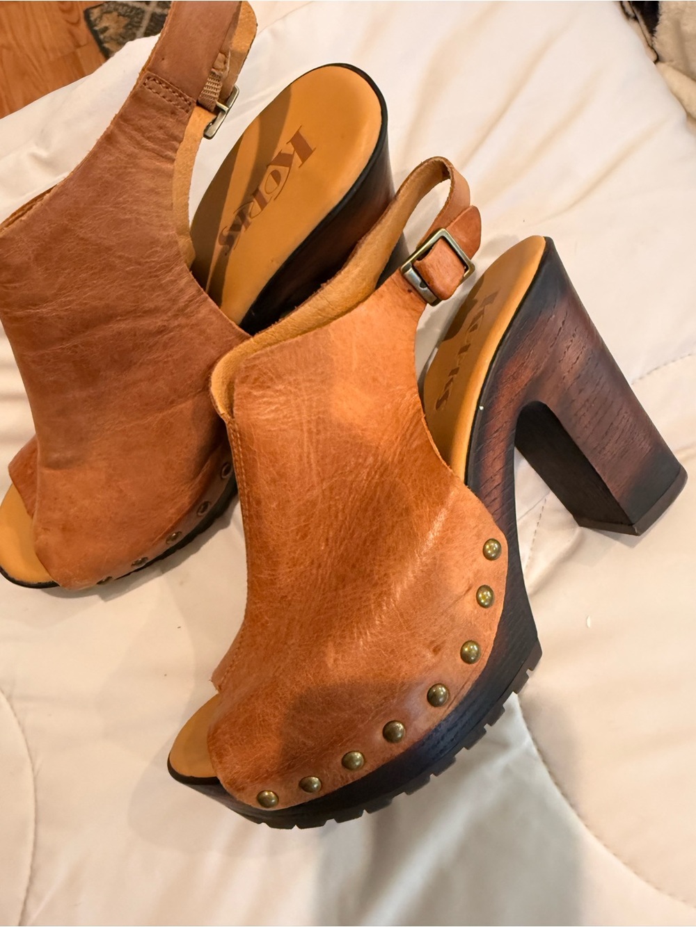 Kori Tan Leather Open-Toe Clog Heels with Stud Accents